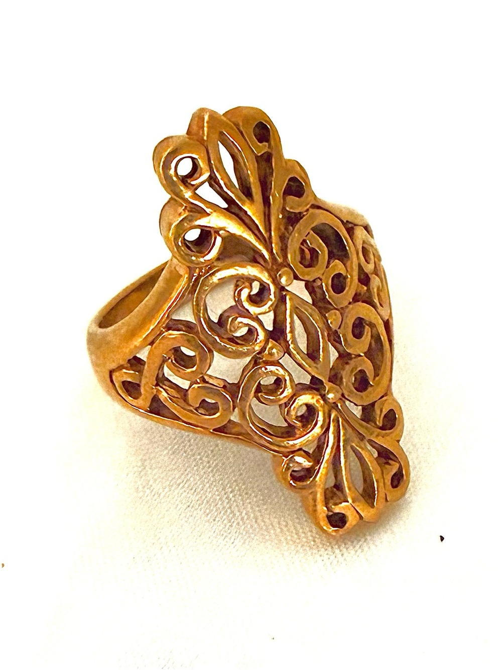 Gold Tone Filigree Statement Openwork Scroll Cocktail Ring Vintage Sz 7